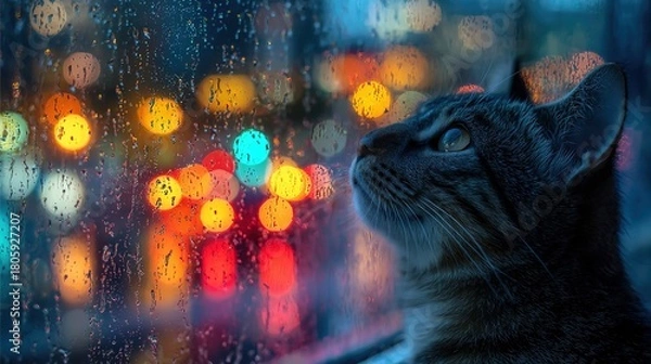 Fototapeta A cat looks up at the city lights through a rain-streaked window. High quality