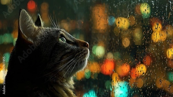 Fototapeta A cat looks up at the city lights through a rain-streaked window. High quality