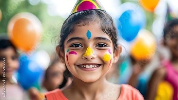 Obraz Smiling girl with colorful face paint at a festive outdoor event
