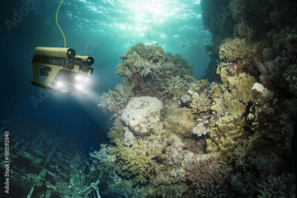 Obraz Robot inspects a sunken ship deep under water
