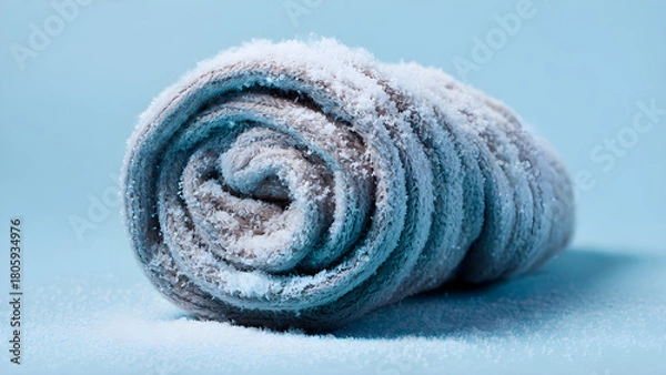 Fototapeta Cozy knitted blanket dusted with sparkling snow, inviting warmth against a cool blue backdrop for winter comfort and holiday themes.