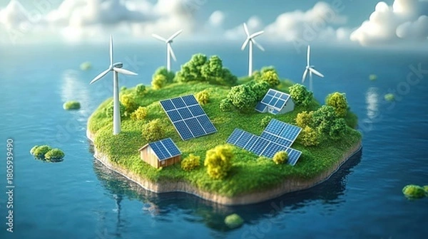 Fototapeta Idyllic green island with solar panels, wind turbines, tiny houses and trees surrounded by calm ocean, peaceful hopeful clean energy scene
