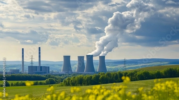 Obraz spring landscape with power station