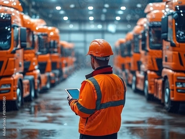 Fototapeta Fleet inspector in orange safety gear checks tablet amid rows of parked orange trucks in a rainy depot, focused and professional