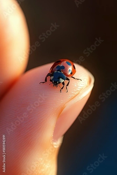 Fototapeta Close-up of a red ladybug with black spots perched on a human fingertip in warm light, soft bokeh conveying gentle curiosity and delicate wonder