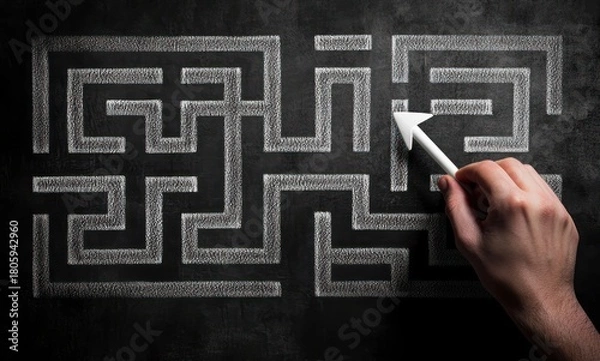 Fototapeta hand drawing an arrow through a white chalk maze on a blackboard conveying focused problem solving and determination