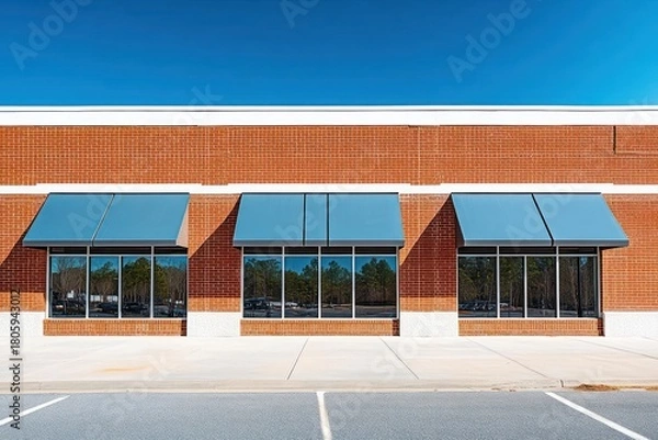 Fototapeta Quiet red brick storefront with three blue awnings, reflective glass windows and empty parking lot under a clear blue sky