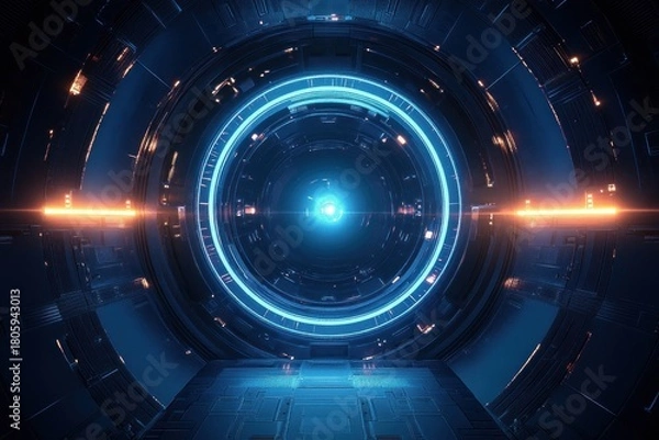 Fototapeta glowing circular portal inside a metallic tunnel with blue core, concentric rings, orange light flares and an illuminated walkway conveying futuristic awe and mystery