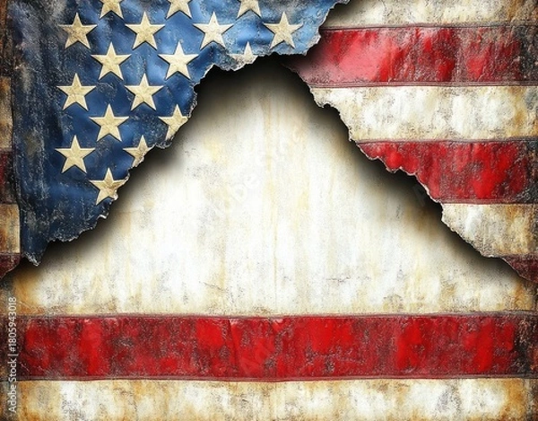 Fototapeta Torn and weathered American flag painted on rusty metal with peeling stars and stripes revealing a jagged blank center, evoking somber decay and resilient grit
