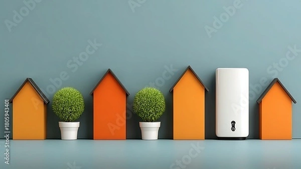 Fototapeta Pastel house objects lined up on blue horizon—aroma diffuser, bins, pillow—lookbook, app splash or pack insert one-click