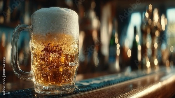 Fototapeta Single beer glass center-bar close-up, warm lights shallow-DOF, perfect for brand poster, event banner or food-app listing