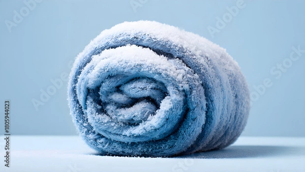 Fototapeta Cozy blue towel dusted with pristine white snow, evoking winter comfort and crisp, clean refreshment for a serene, cool ambiance