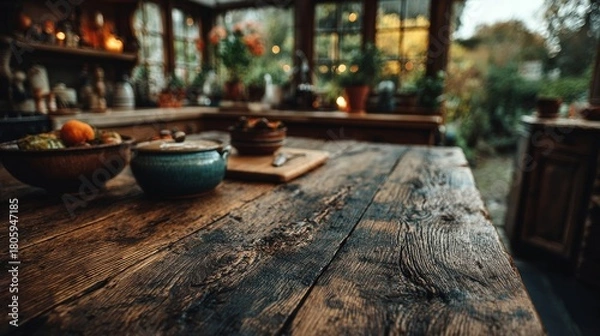 Fototapeta A cozy wooden table scene with diffused kitchen objects and warm morning brightness, offering a soft, natural, and inviting backdrop.
