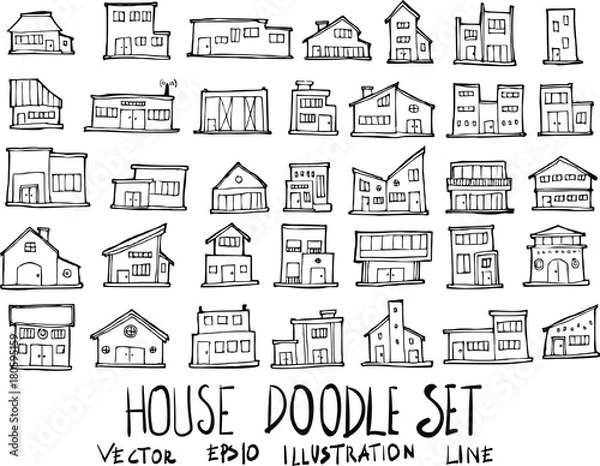 Fototapeta Set of House illustration Hand drawn doodle Sketch line vector eps10