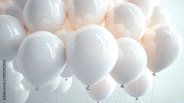 Obraz Cluster of glossy white balloons floating gently in soft light, creating a serene and elegant celebratory atmosphere