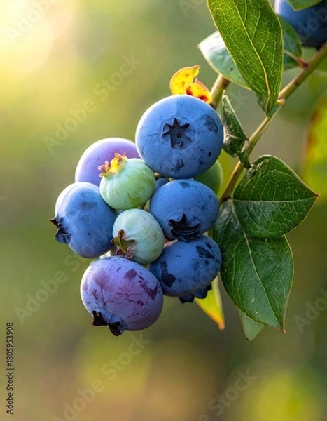 Fototapeta Ripe and Unripe Blueberries on the Bush in Sunlight.