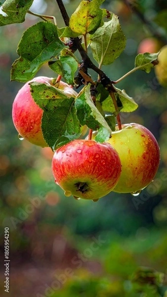 Fototapeta Ripe Apples on a Branch After Rain, Ready for Harvest.