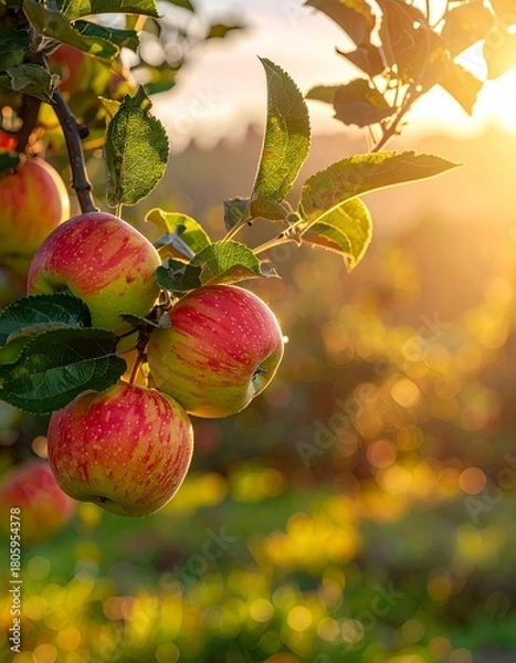 Fototapeta Ripe Apples on a Branch in Golden Sunlight.