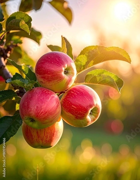 Fototapeta Ripe Apples on a Branch in Golden Sunlight.