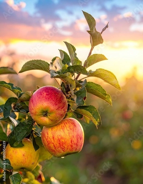 Fototapeta Ripe Apples on a Tree Branch at Sunset.