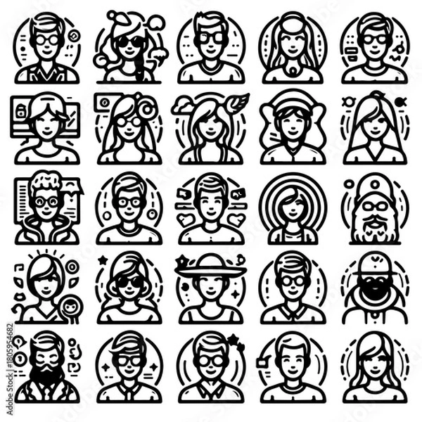 Fototapeta Collection of twenty five diverse outlined avatars showcasing a variety of people and personalities