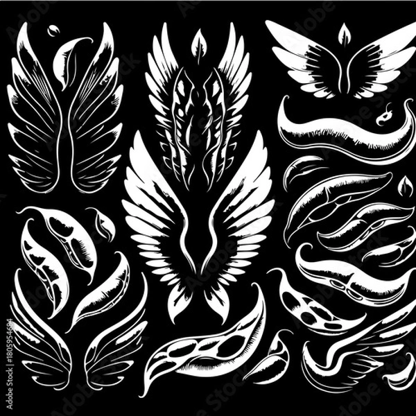 Fototapeta Illustration featuring a collection of stylized wings and seed pods on a black background design element
