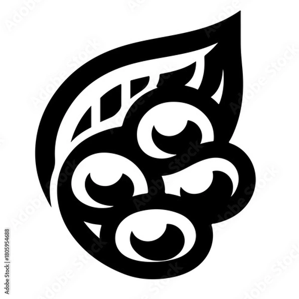 Fototapeta Stylized black and white image of a leaf with three berries in a decorative tribal style pattern