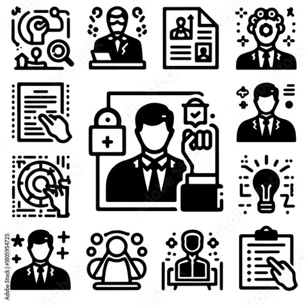 Fototapeta Collection of business and professional icons representing various concepts and activities in black and white
