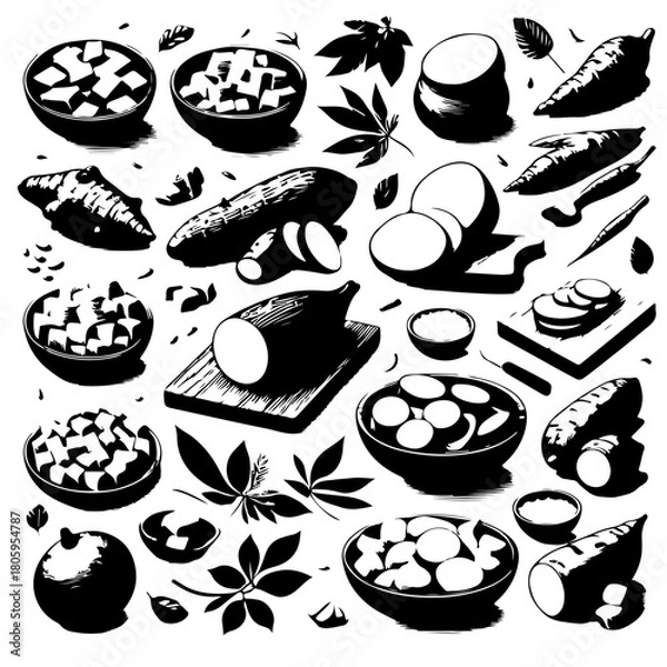 Fototapeta Illustration of various cassava roots and leaves in different forms and preparations on a white background