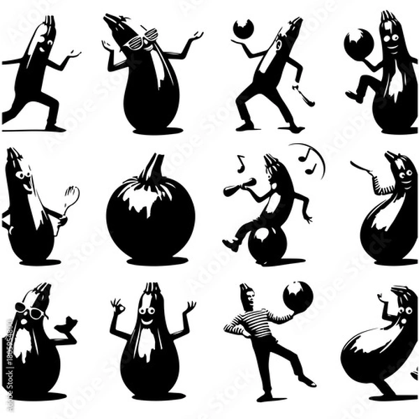 Fototapeta Collection of whimsical eggplant characters and a pumpkin in black and white style art design