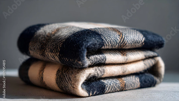Fototapeta Cozy plaid blanket folded neatly, offering warmth and comfort for a relaxing home atmosphere, perfect for chilly evenings.