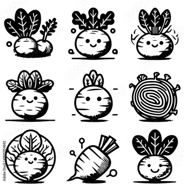 Fototapeta Collection of nine stylized black and white beet illustrations with varying designs and expressions