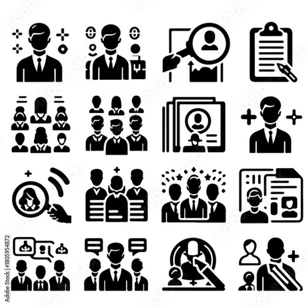 Fototapeta Collection of sixteen black and white human resources and recruitment related icons in a square format