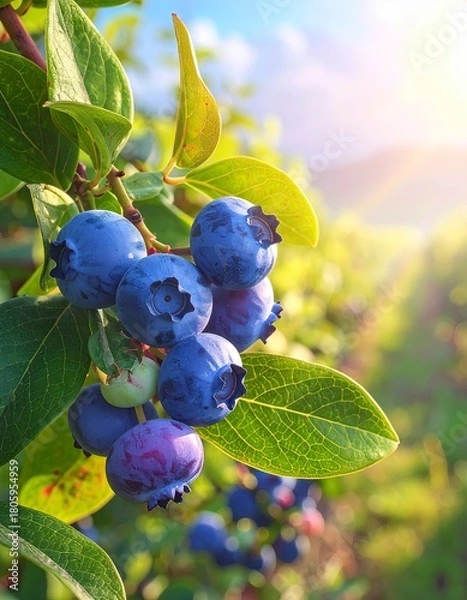 Fototapeta Ripe Blueberries on the Bush in Sunlight.