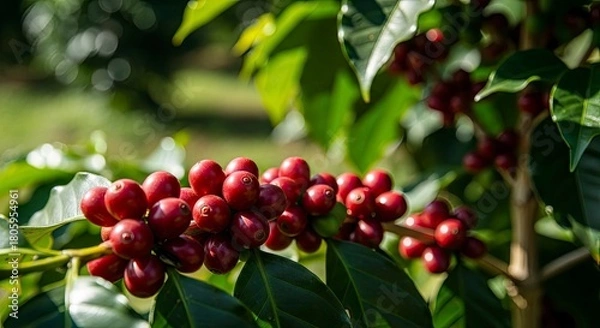Fototapeta Ripe Coffee Cherries on the Branch Ready for Harvesting.