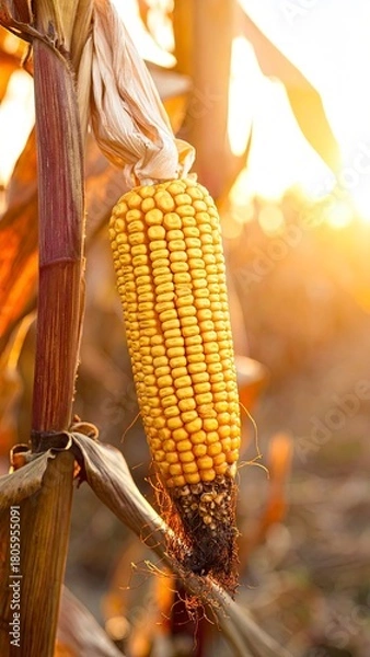 Fototapeta Ripe Corn on the Stalk in Golden Sunlight.