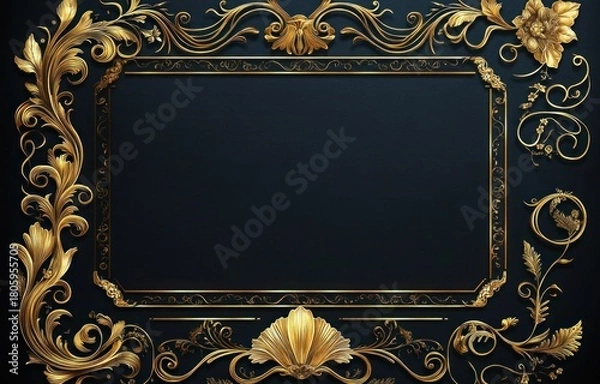 Fototapeta ornate gold baroque floral frame with curling scrollwork and shell motif on dark textured background, luxurious elegant blank central panel