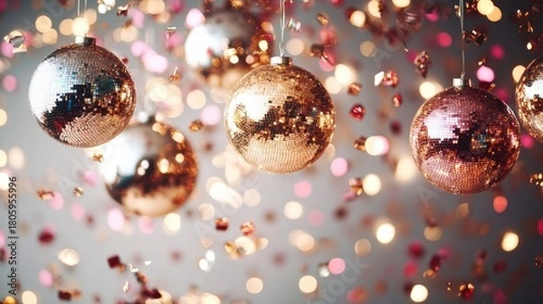 Fototapeta Gold and rose gold disco balls hanging among sparkling bokeh lights and fluttering confetti, creating a glamorous joyful festive celebration atmosphere