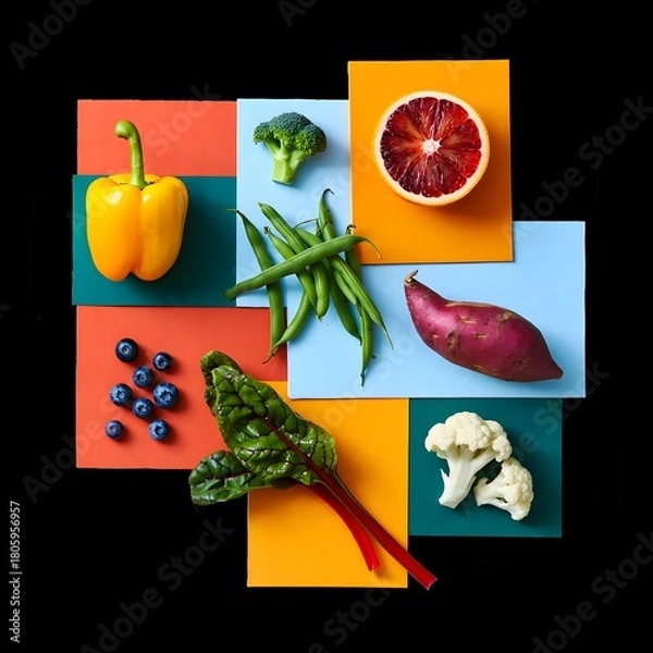 Fototapeta Vibrant assortment of fresh healthy fruits and vegetables arranged artistically on colorful backgrounds