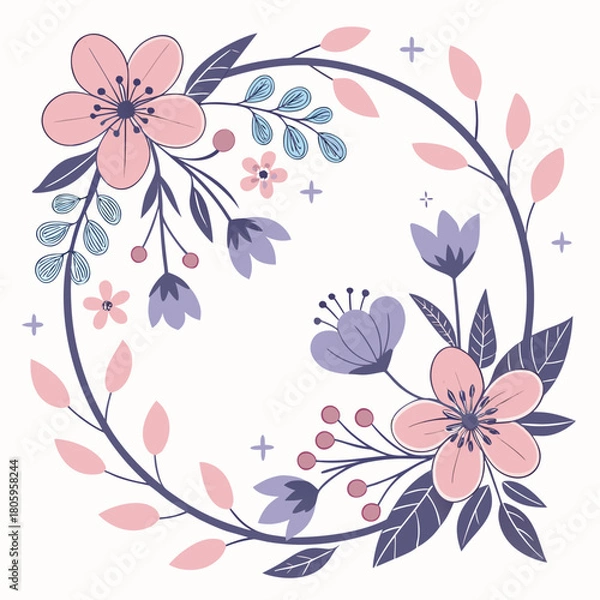 Obraz Charming floral wreath with pink and purple flowers and leaves on a, perfect for adding a touch of elegance to any design