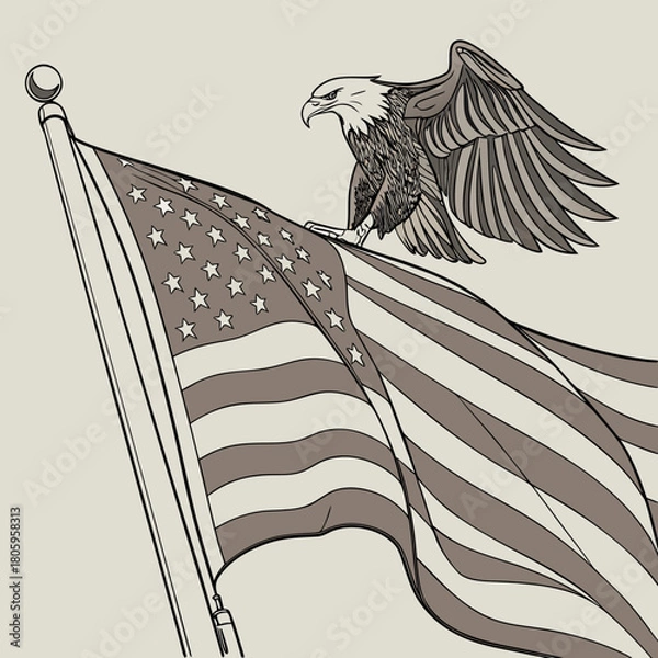Fototapeta A majestic bald eagle perched atop the waving american flag, symbolizing freedom and patriotism, isolated on vector illustration