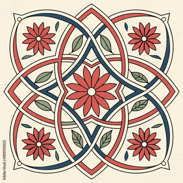 Fototapeta Intricate floral arabesque design isolated on, showcasing a harmonious blend of red, blue, and green hues in a symmetrical composition