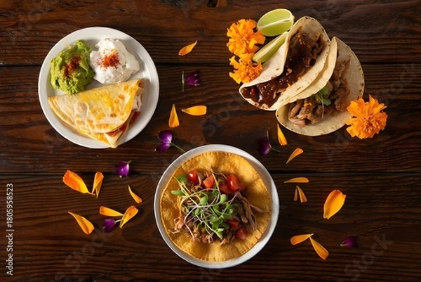 Fototapeta Delicious mexican food spread with tacos quesadillas and soup artfully arranged on a wooden table