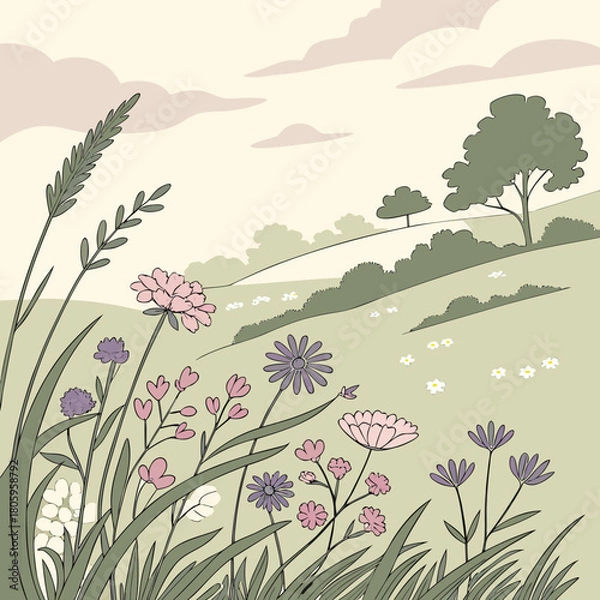 Obraz A serene illustration of a meadow with wildflowers, rolling hills, and scattered trees under a gentle sky, evoking a sense of tranquility and natural beauty