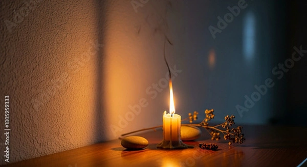 Fototapeta Warm candlelight illuminating a peaceful scene with natural elements, perfect for creating a serene and cozy atmosphere, ideal for relaxation or mindfulness practices