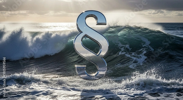 Fototapeta Powerful ocean waves backdrop a gleaming paragraph symbol, illustrating legal strength and coastal protection, ideal for environmental law or maritime regulations
