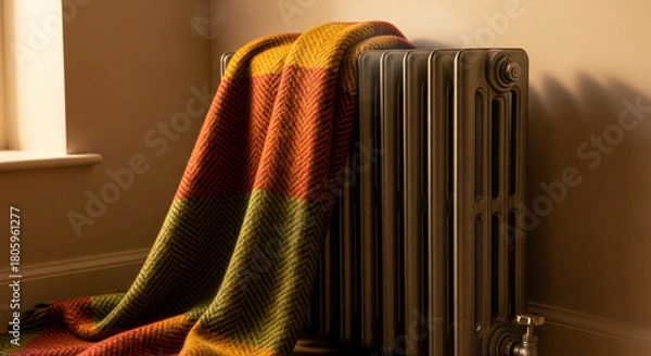 Fototapeta Warm up your visuals with this cozy blanket draped on a vintage radiator, perfect for home comfort ads or promoting a snug winter atmosphere, feel the relaxation