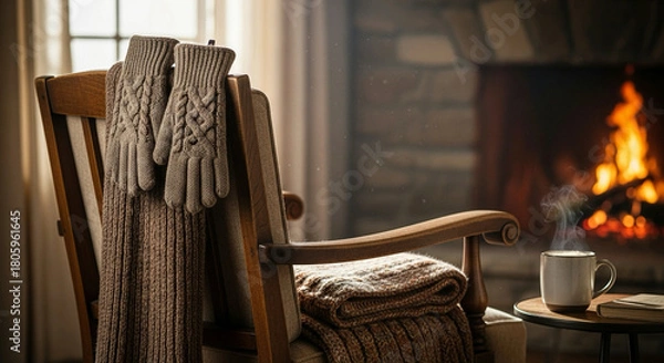Fototapeta Warm up this winter with cozy gloves, a soft blanket, and a crackling fire, perfect for creating a relaxing, inviting atmosphere in your home or cabin retreat