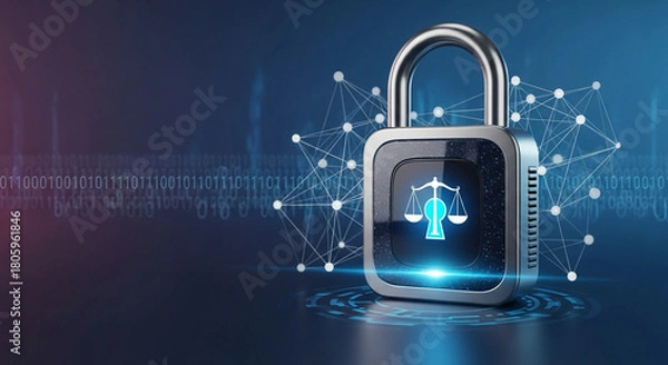Fototapeta Secure digital justice with modern padlock displaying scales of justice, ideal for legal tech, cybersecurity, and digital law related topics in a vibrant tech-forward environment