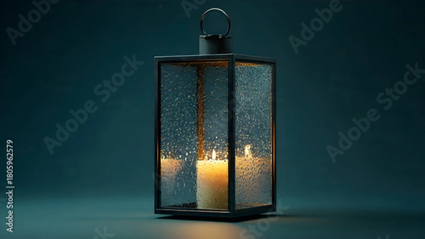 Fototapeta Warm glow of lit candles inside a rustic glass lantern with water droplets, creating a cozy and serene ambiance for any setting.